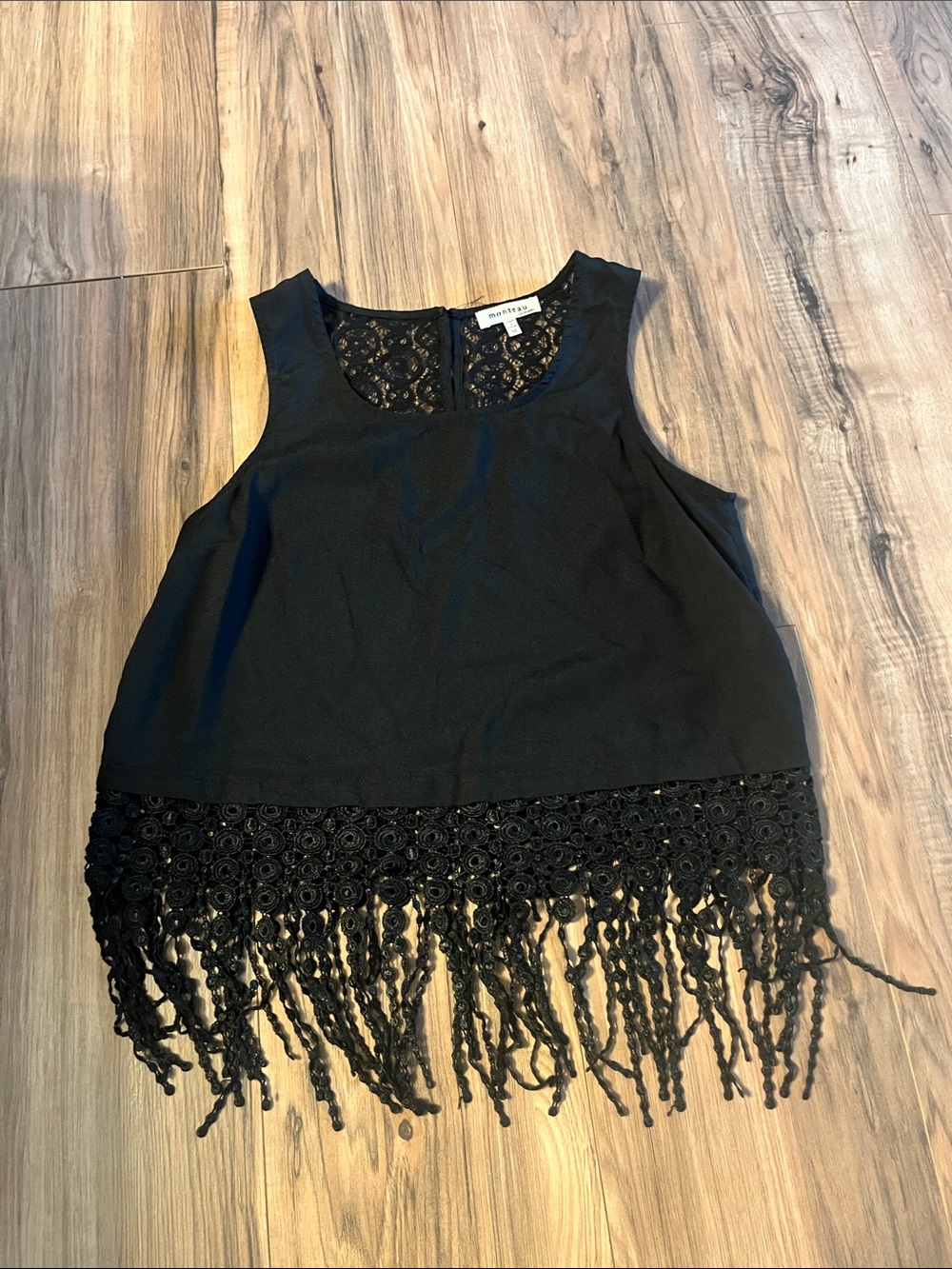 Monteau Black Lace-Trim Fringe Tank Top